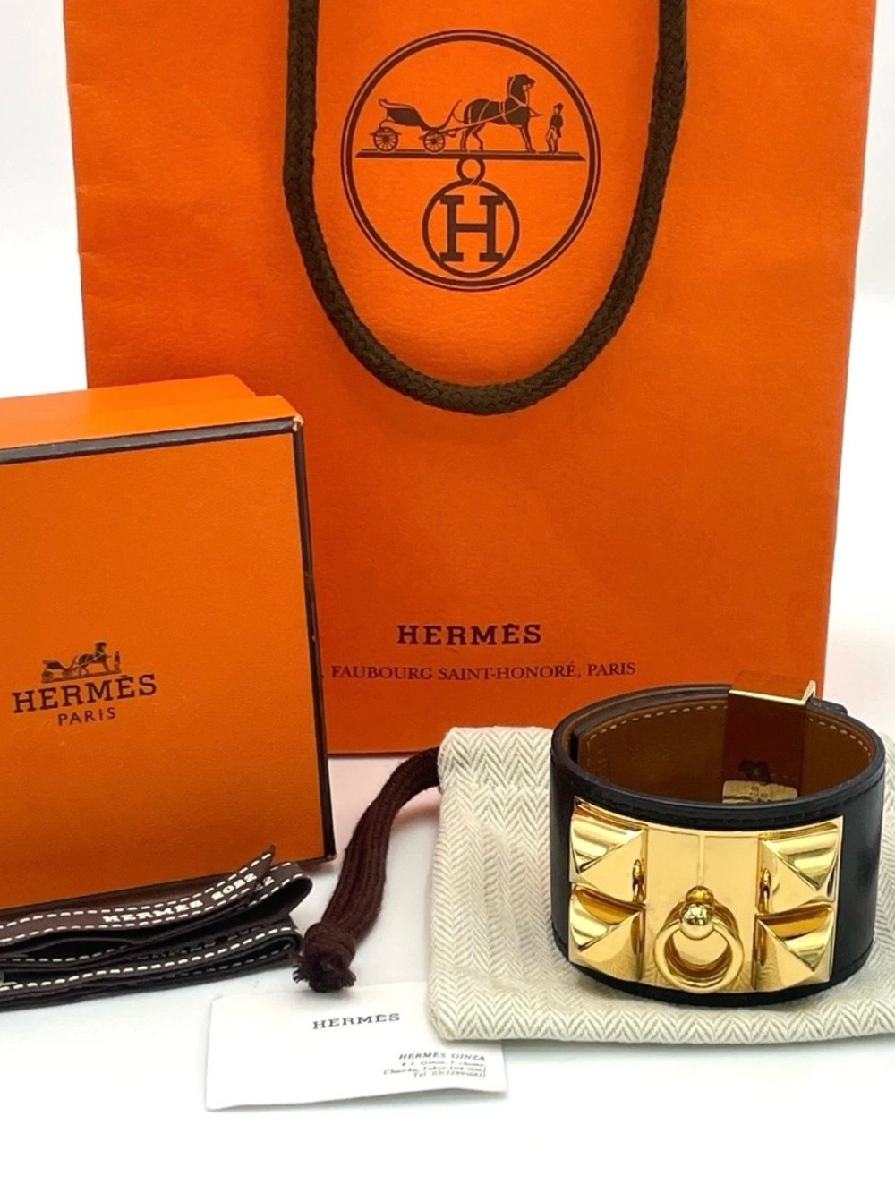 Hermès Collier de Chien Gold Hardware Wide Leather Cuff - Black/Gold